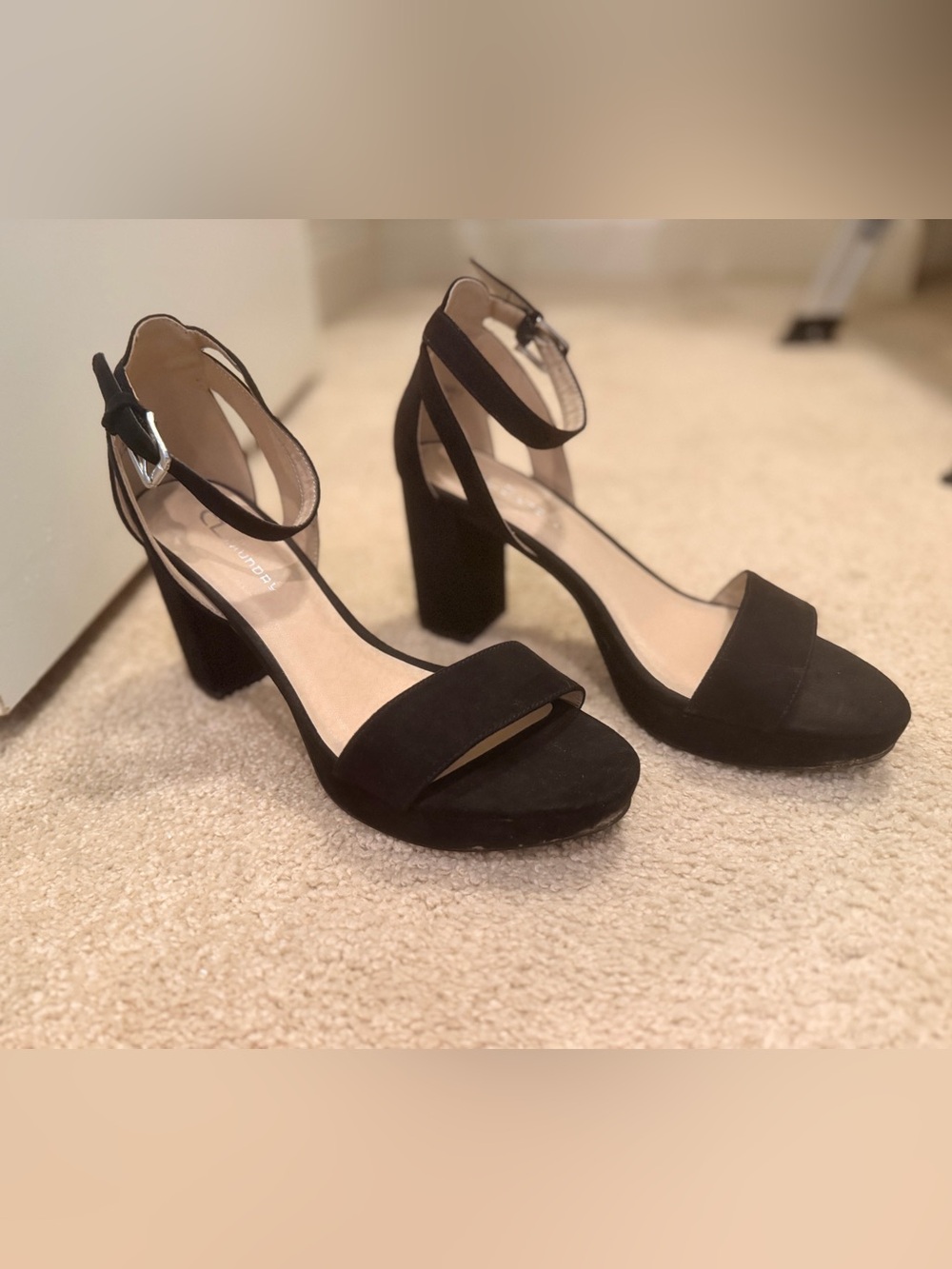 Black Suede Block Heel Ankle Strap Sandals - Women